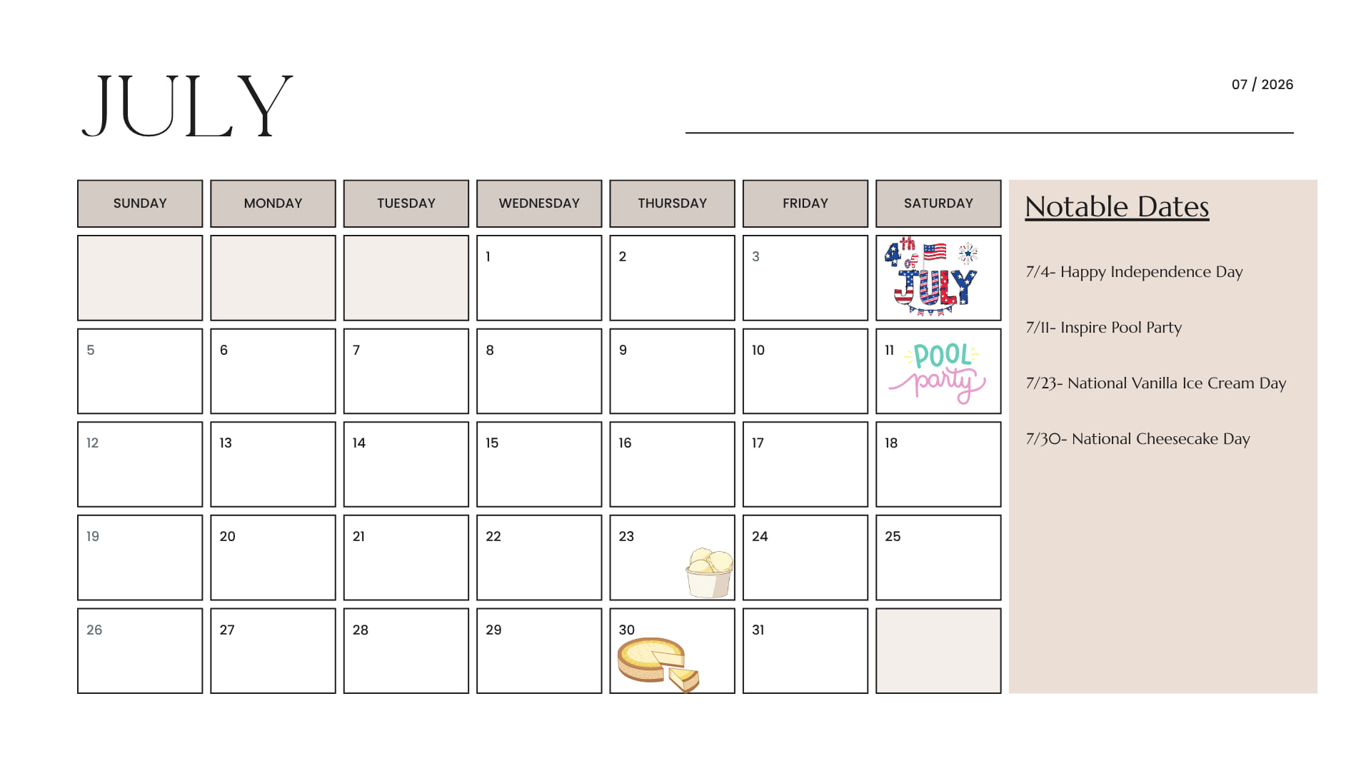 July Event Calendar
