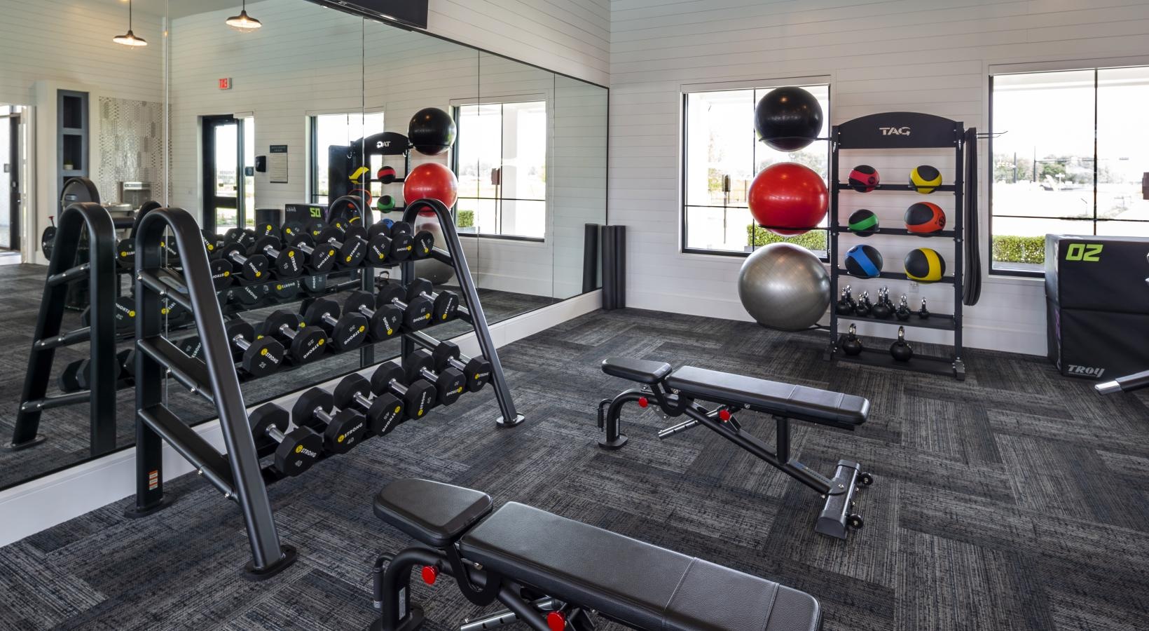 State-of-the-art amenities a room with exercise equipment and balls